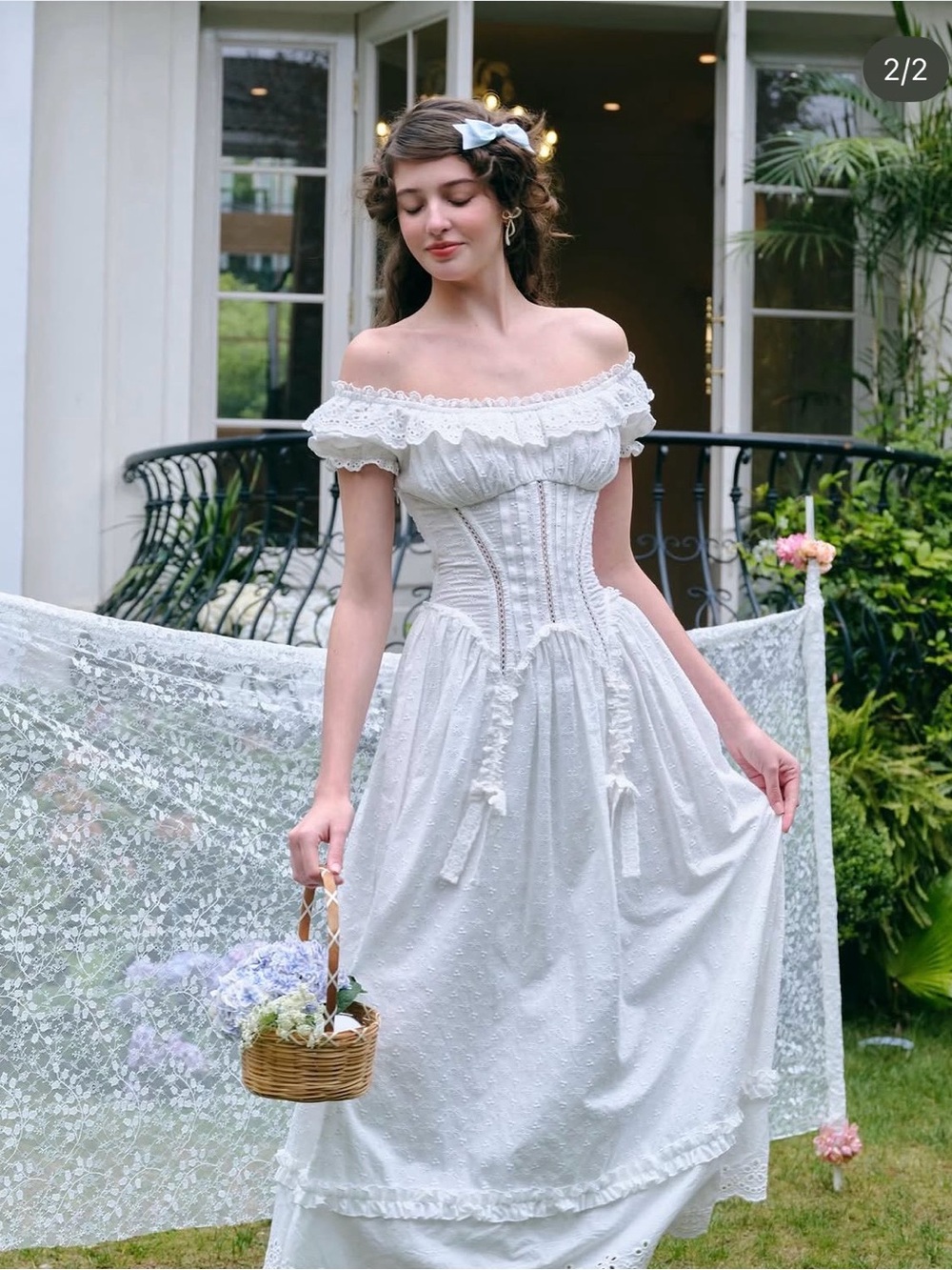 Off-Shoulder White Lace Corset Midi Dress - Picture 2 of 8